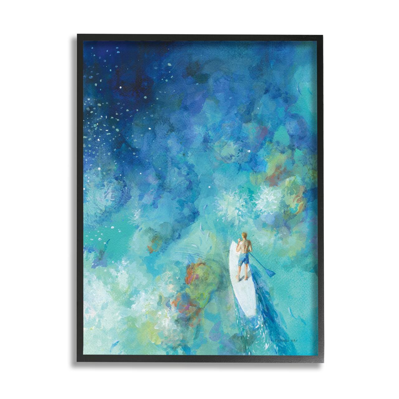 Stupell Industries Tropical Ocean Reef Paddle Board Male Surfer Blue Framed Wall Art
